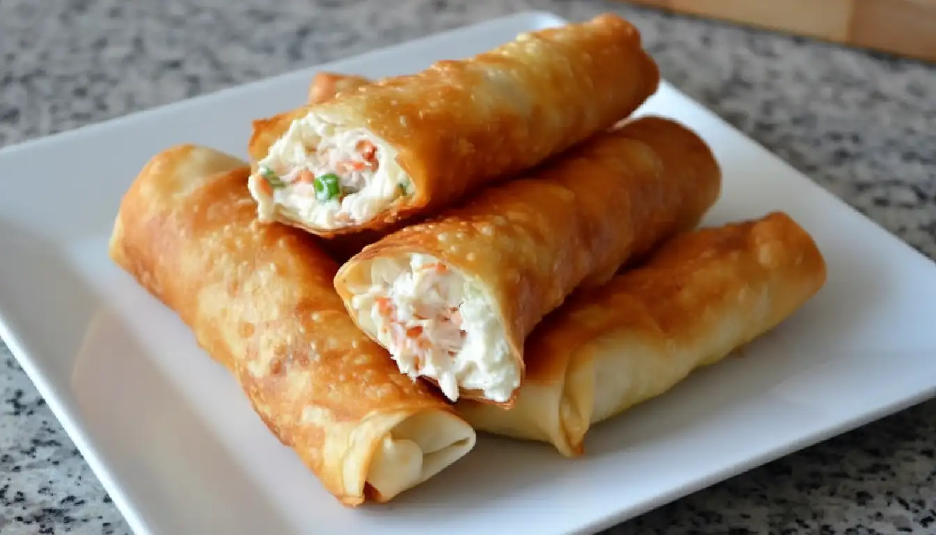 Crispy Crab Rangoon Egg Rolls filled with fresh crab, cream cheese, and spices – a golden delight for your taste buds.