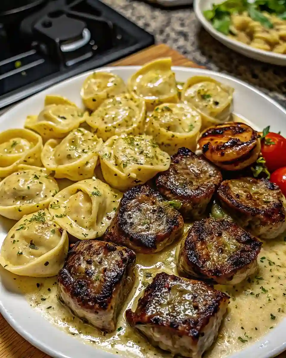 Garlic Butter Steak Bites & Creamy Pesto Alfredo Tortellini