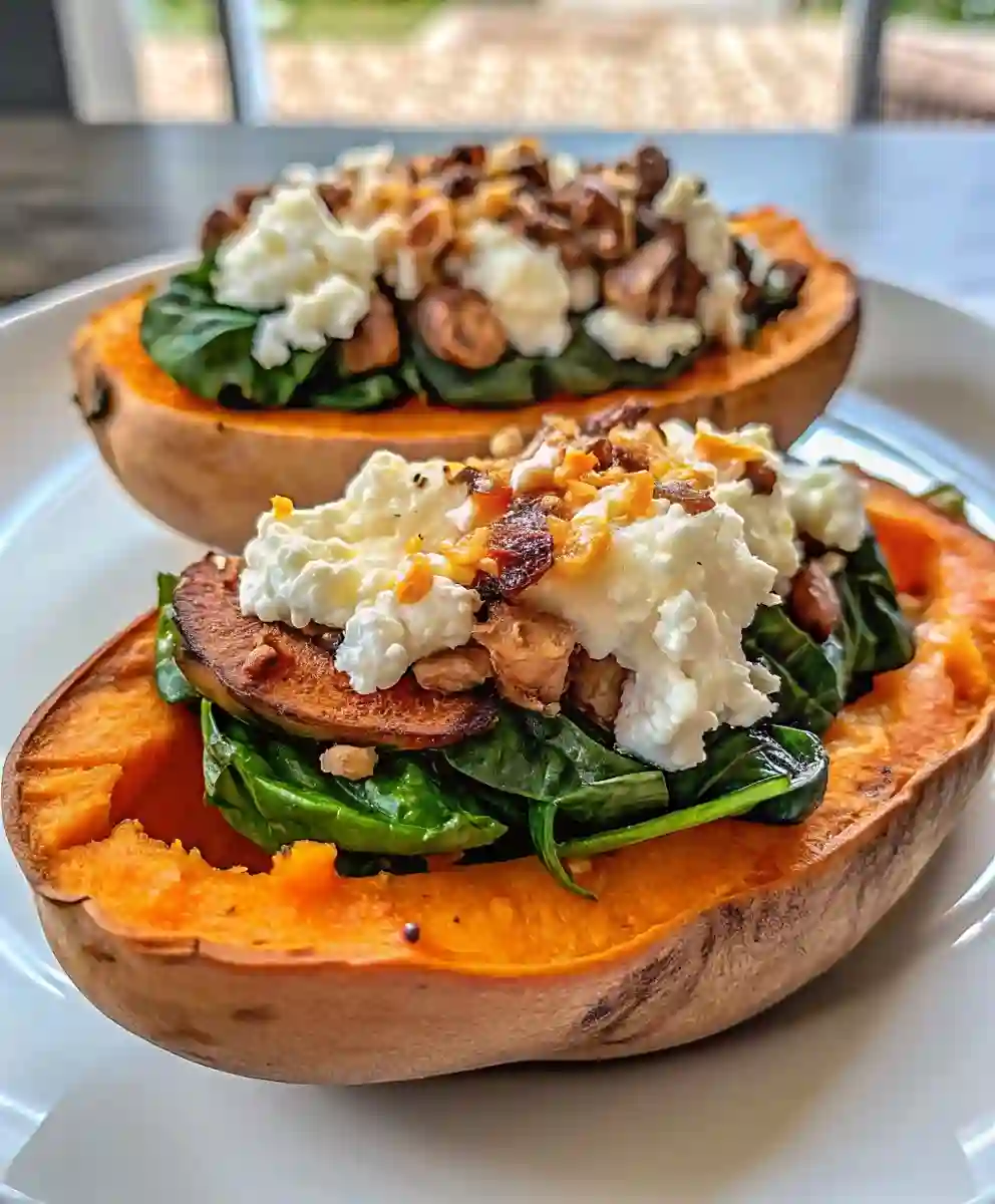 STUFFED SWEET POTATOES WITH SPINACH, MUSHROOM, FETA, AND ROSEMARY