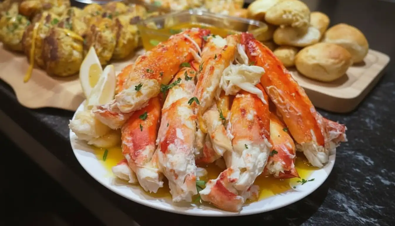 A close-up of a single baked crab leg with a buttery sauce.