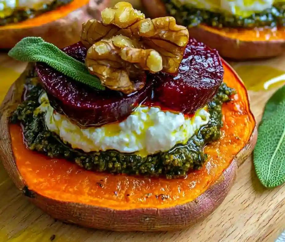 Burrata & Beet Sweet Potato Stacks