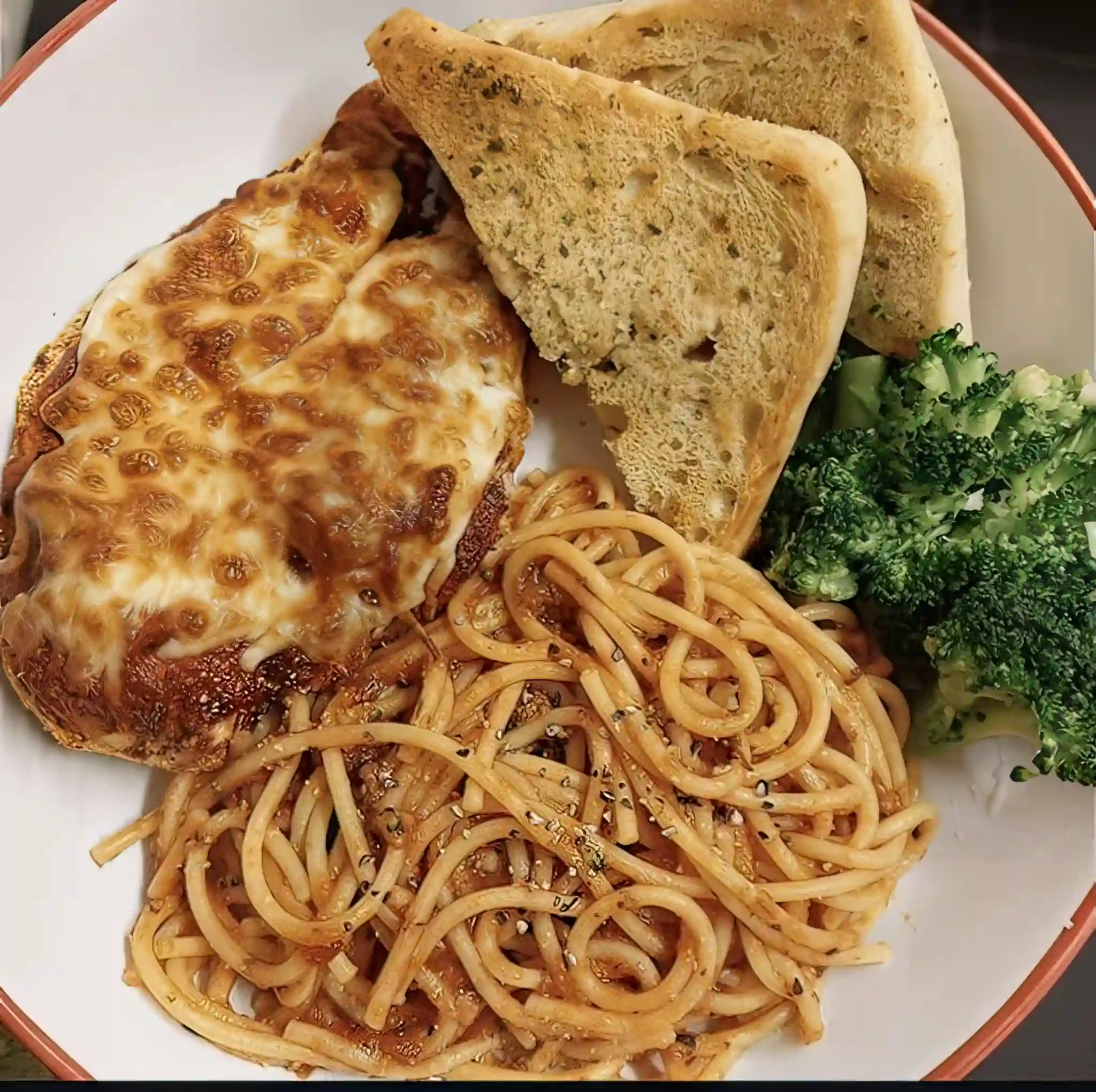 Chicken Parmesan with Spaghetti, Garlic Bread & Broccoli