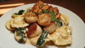 Creole Garlic Alfredo over Cheese Stuffed Tortellini with Cajun Shrimp & Scallops
