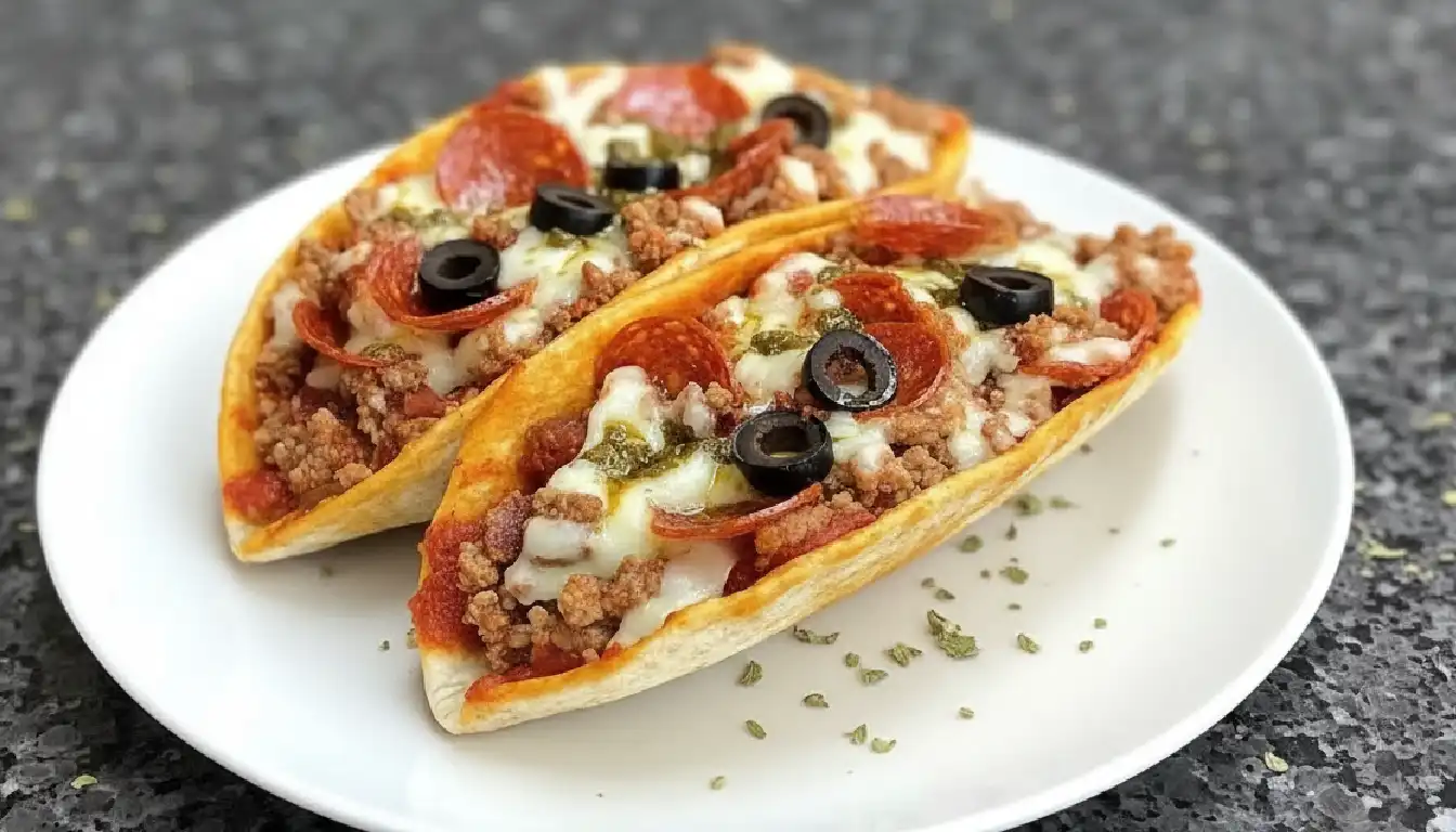 Meat Lovers Pizza Tacos - A mouthwatering fusion of bacon, Italian sausage, and mozzarella in a taco shell.