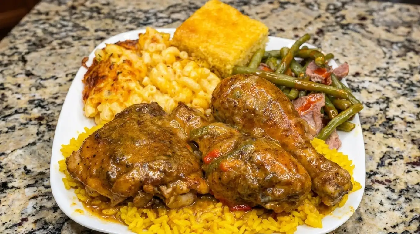 Smothered Chicken over Rice, Baked Mac and Cheese, Green Beans with Smoked Turkey, and Cornbread Recipe