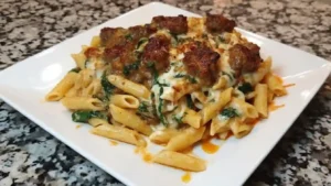 Garlic Butter Beef Penne with Sausage and Spinach