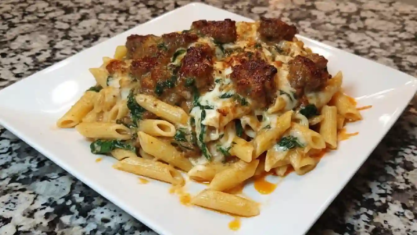 Garlic Butter Beef and Sausage Penne with Spinach