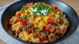 Mexican Cheesy Taco Beef and Rice Skillet