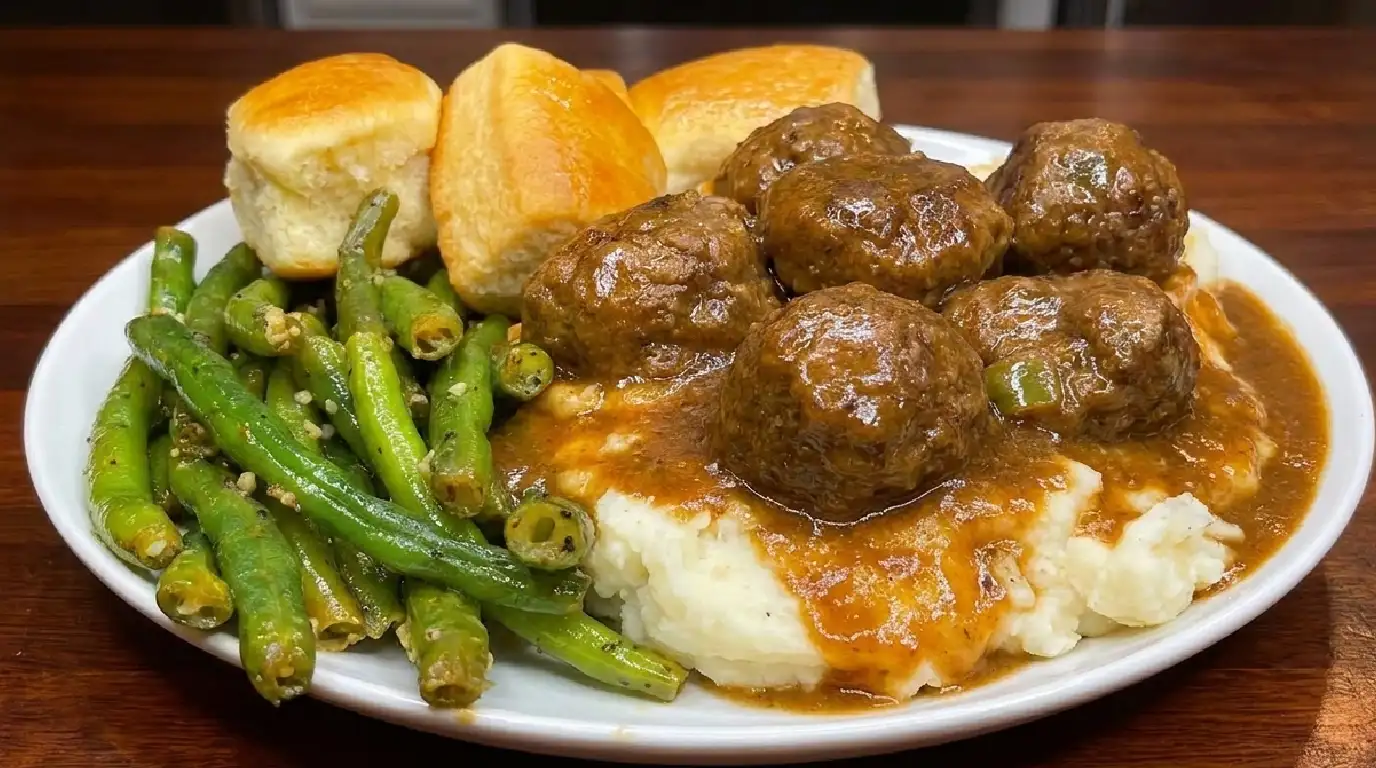 Smothered Meatballs and Gravy over Mashed Potatoes Recipe