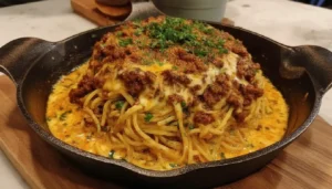 Creamy Beef Spaghetti with 3-Cheese Parmesan Sauce
