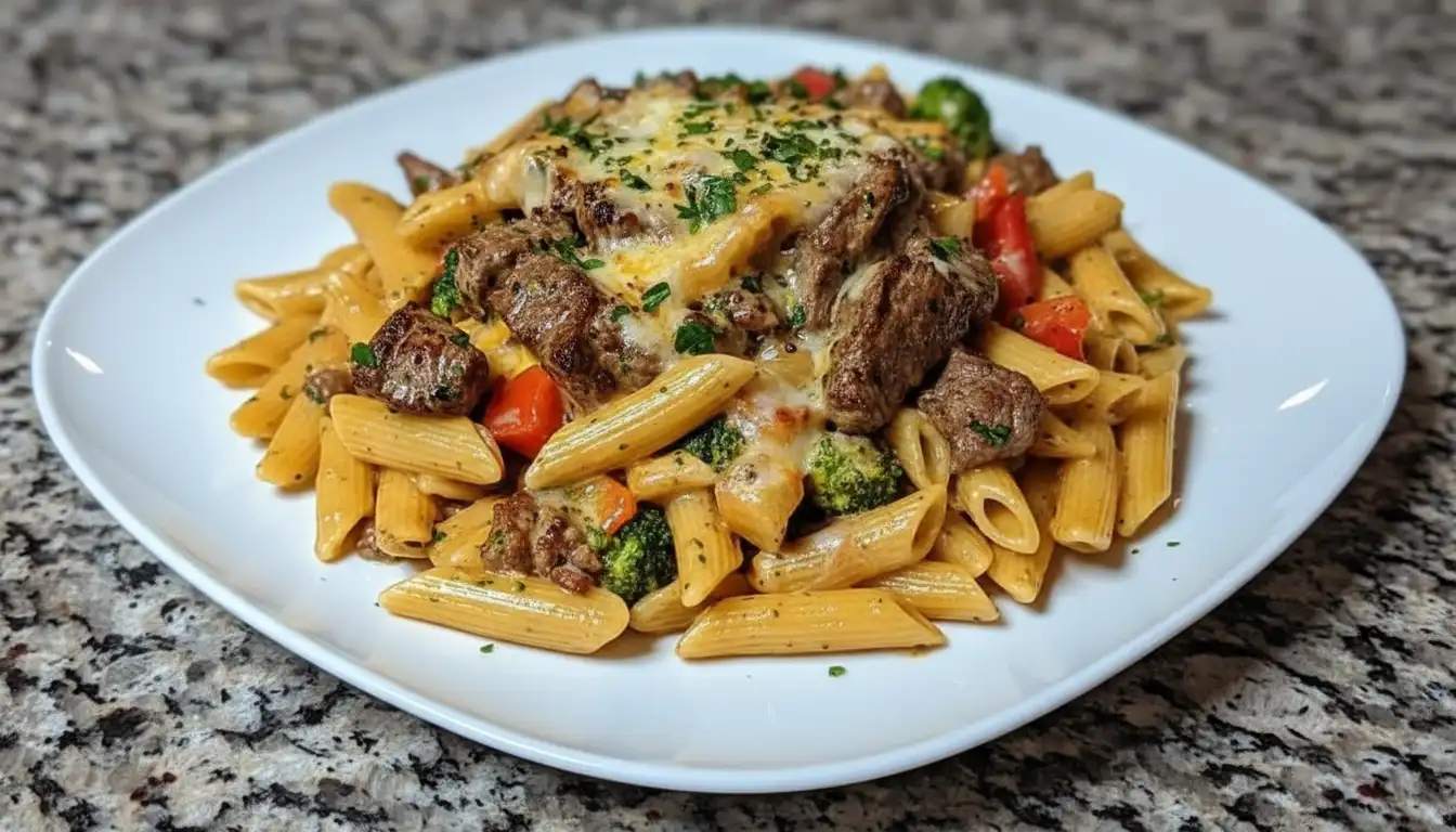 Creamy Garlic Parmesan Penne with Steak, Broccoli & Bell Peppers