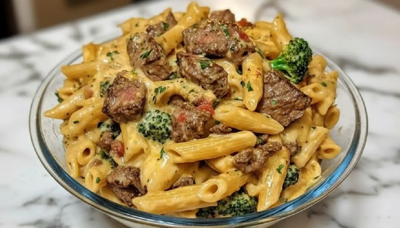 Creamy Steak Bites Penne with Broccoli in White Sauce