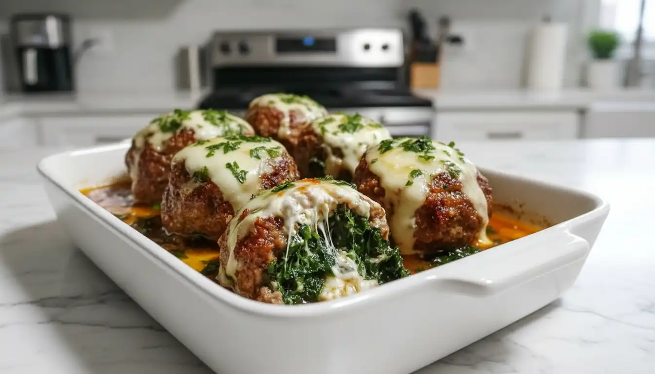Spinach Garlic Meatballs Stuffed with Mozzarella