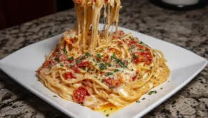 Cheesy Spaghetti in Garlic Parmesan & Cream Cheese Tomato Sauce