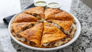 Cheesy Beef Quesadilla Slices with Creamy Dips