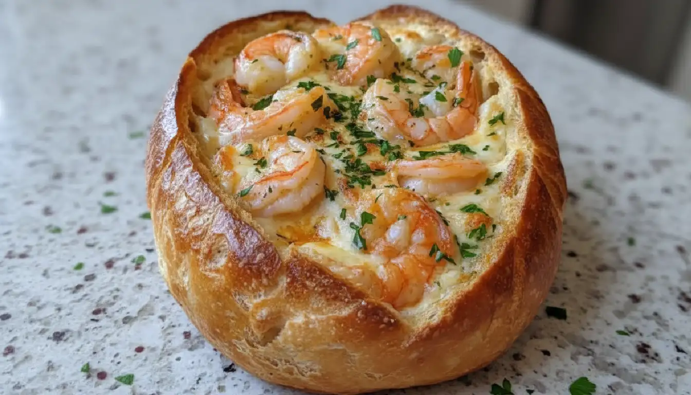 Cheesy Garlic Shrimp Bread Bowl
