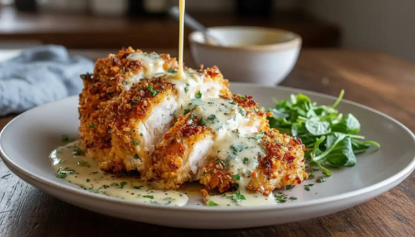 Crispy Parmesan Chicken with Garlic Cream Sauce