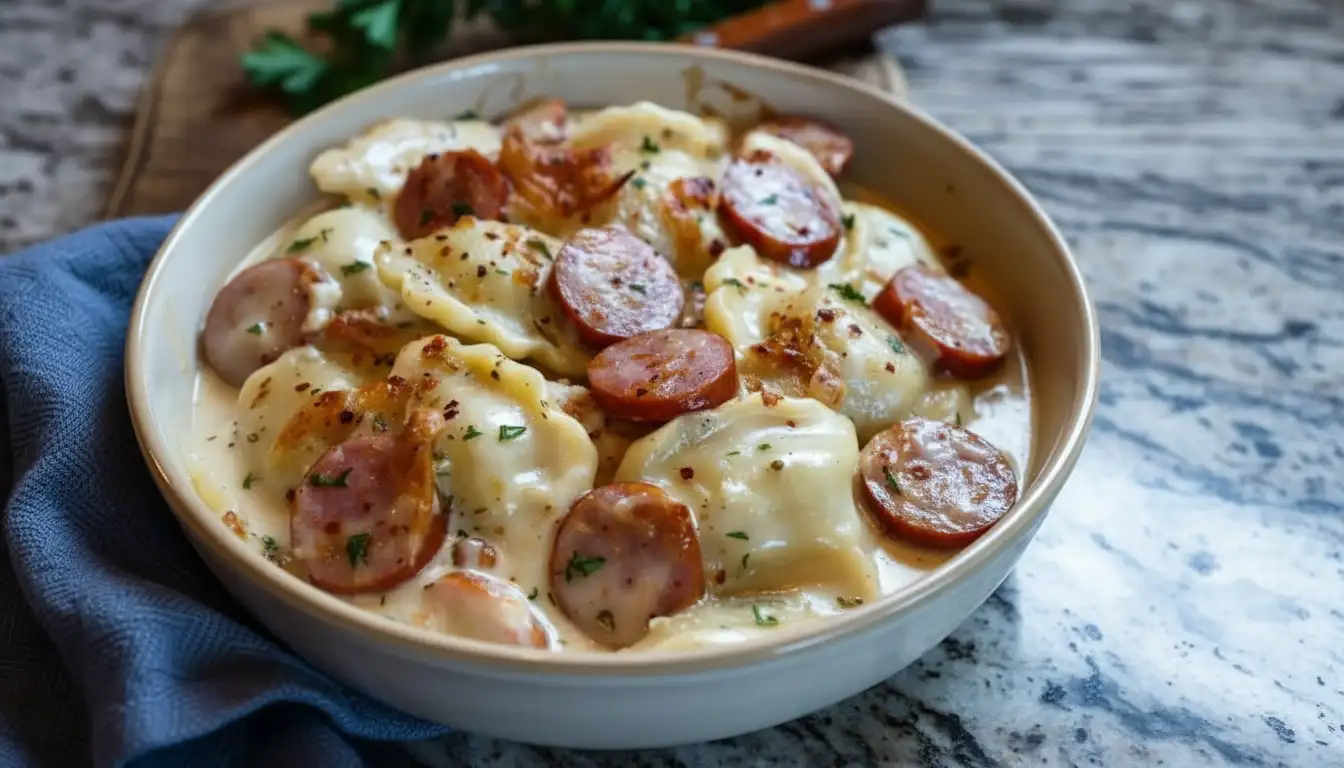 Crockpot Pierogi Casserole with Kielbasa