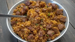 Sticky Honey Garlic Beef Tips and Rice