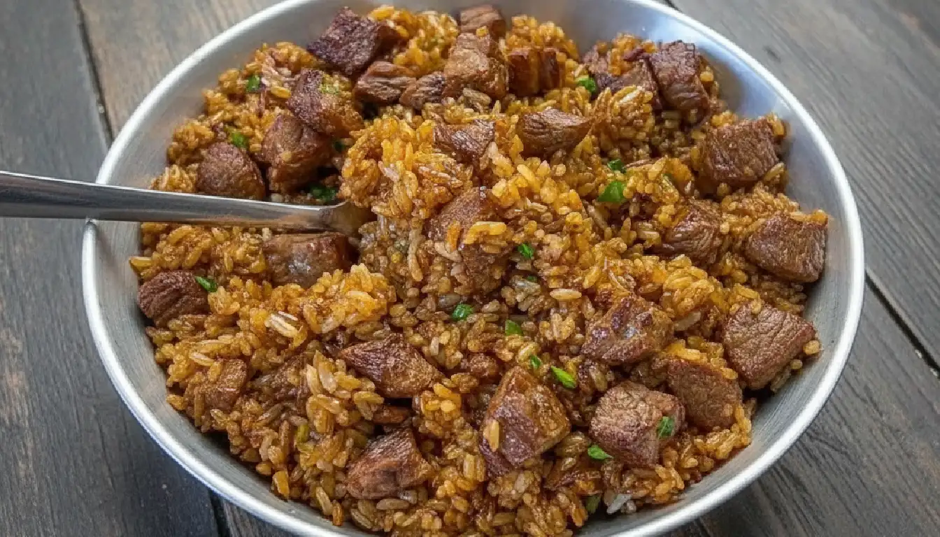 Sticky Honey Garlic Beef Tips and Rice