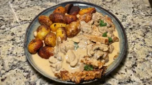 Creamy Mushroom Chicken with Garlic Roasted Baby Potatoes Recipe