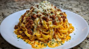 Spicy Garlic Beef Fettuccine in Creamy Provolone Sauce