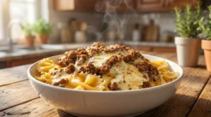 Homemade Creamy Beef Farfalle with Garlic, Cheddar, and Melted Mozzarella