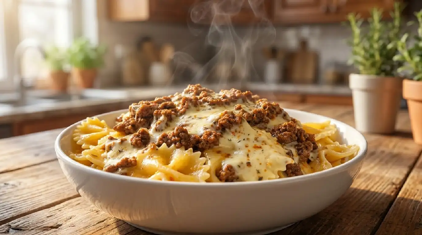 Homemade Creamy Beef Farfalle with Garlic, Cheddar, and Melted Mozzarella